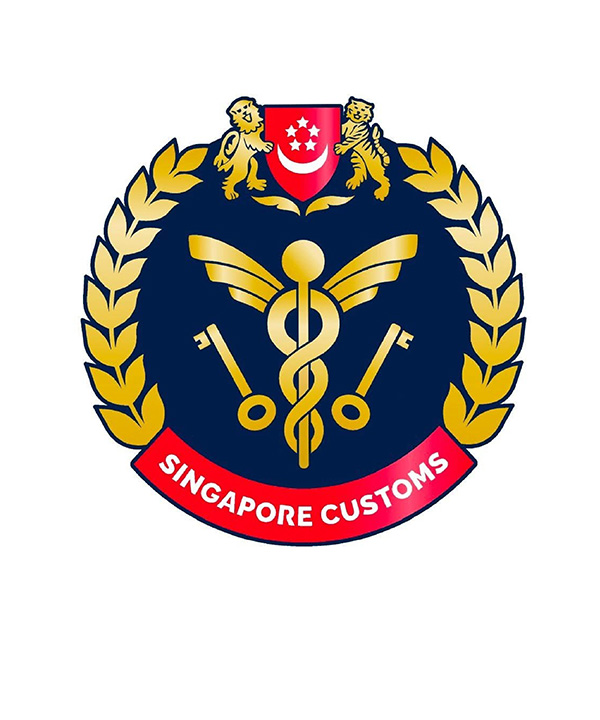 Crest with lions, shield, keys, and ribbon reading, Singapore Customs.